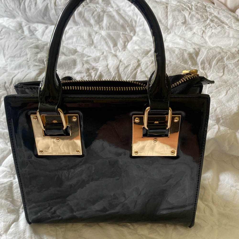 Black patent leather gold hardware purse satchel